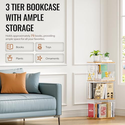 TAKEKIT 3-Tier Rotating Bookshelf, 360° Spinning Book Shelf Tower with Solid Wood & Clear Acrylic, Square Revolving Bookcase for Kids Room, Living Room, Bedroom and Office - color: Natural Square, size: 3-Tier