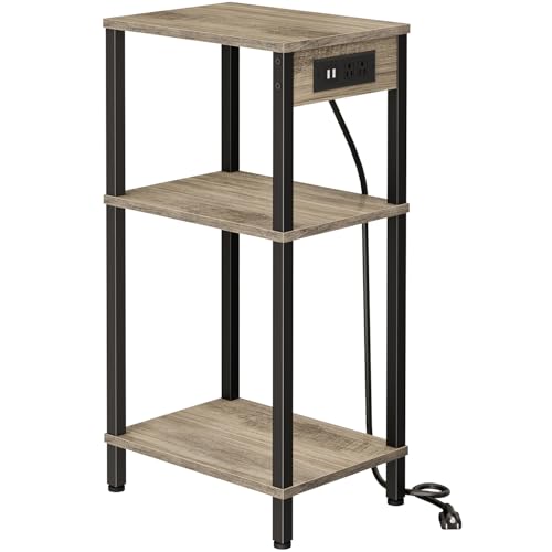 Tall Side Table with Charging Station, 30 Inch Tall End Tables Living Room | 30 Inch Tall Side Table with Storage, Tall Nightstand, Small Bedside Tables for Bedroom, Office, Dorm, Hallway, Greige - color: Greige, size: 11"D x 15"W x 30"H