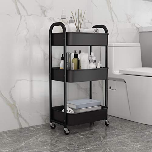 3-Tier Rolling Utility Cart with Caster Wheels,Easy Assembly, for Kitchen, Bathroom (Black) - color: Black, size: 3-Tier Standard Cart