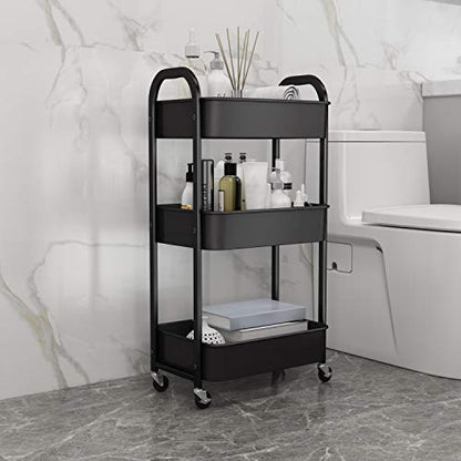 3-Tier Rolling Utility Cart with Caster Wheels,Easy Assembly, for Kitchen, Bathroom (Black) - color: Black, size: 3-Tier Standard Cart