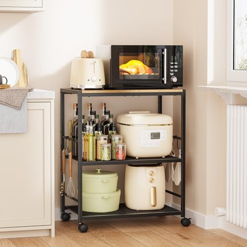 3-Tier Microwave Stand, Kitchen Microwave Cart with Adjustable Shelf | Rolling Kitchen Storage Cart on Lockable Wheels, Coffee Cart Shelf Rack Organizer for Kitchen, Living Room, Rustic Brown - color: Rustic Brown, size: 3-Tier (23.6W)