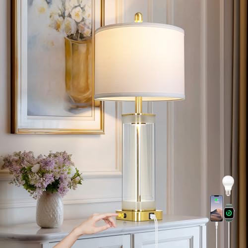 28" Gold Glass Table Lamp Single with Night Light, Modern Bedside Lamp with USB C+A Charging Ports, Nightstand Lamp for Living Room, Glass Lamps for Bedroom End Table Office, Bulbs Included, 1Pack - color: Gold(1 Pack)