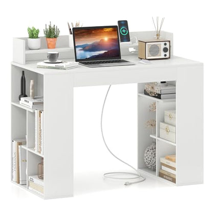 Giantex White Desk with Storage Shelves, 43" Home Office Computer Desk with Charging Station, Dual 3 Tier Bookshelf & Monitor Stand, PC Table Workstation, Modern Study Writing Desk for Bedroom, Dorm