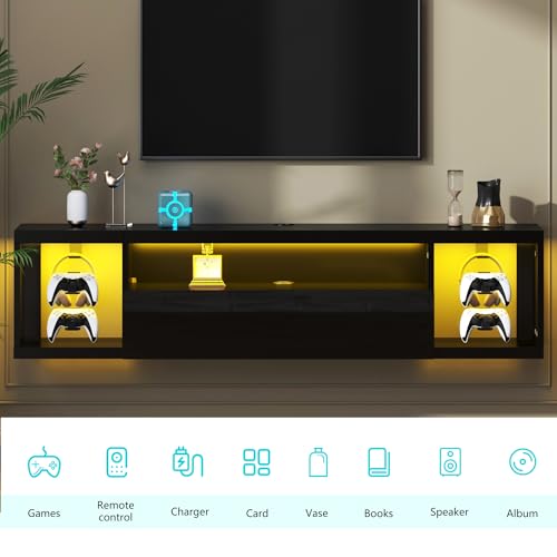 sogesfurniture 55'' Floating TV Stand Wall Mounted with Lights, Floating Entertainment Center with Lights, Modern Media Console with Storage, Wall Mounted LED TV Stand for Living Room, Black - size: 55"-Black