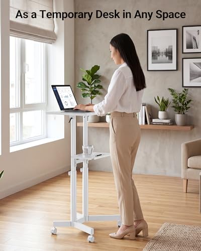 BONTEC Lecterns & Podiums Portable Mobile Standing Laptop Desk, Height Adjustable, Sit Stand, Home Office Classroom Pulpit Stand Up Desk Workstation, Rolling Table Laptop Cart with Storage Tray, White - color: White