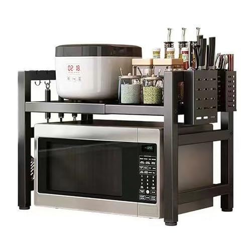 Extendable Microwave Oven Rack, 15.7~24.8" L Expandable Microwave Stand with Storage Shelf Heavy Duty with 6 Hooks and Chopsticks Cutting Board Holder for Kitchen Countertop - color: Black