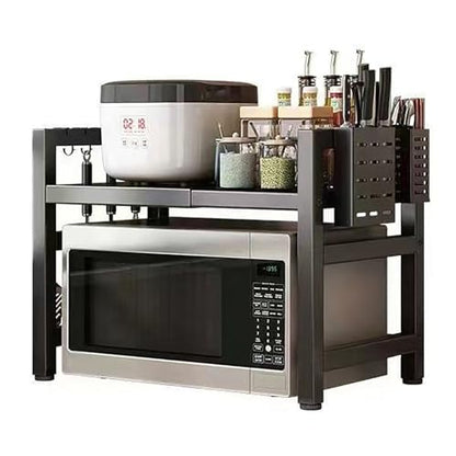Extendable Microwave Oven Rack, 15.7~24.8" L Expandable Microwave Stand with Storage Shelf Heavy Duty with 6 Hooks and Chopsticks Cutting Board Holder for Kitchen Countertop - color: Black