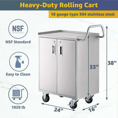 16" x 24" Stainless Steel Utility Cart with Enclosed Base and Locking Doors - 3 Shelf Heavy-Duty 18-Gauge 304 Steel Rolling Cabinet - NSF Commercial Service Cart for Kitchen, Catering, Restaurant - size: 3 Shelf