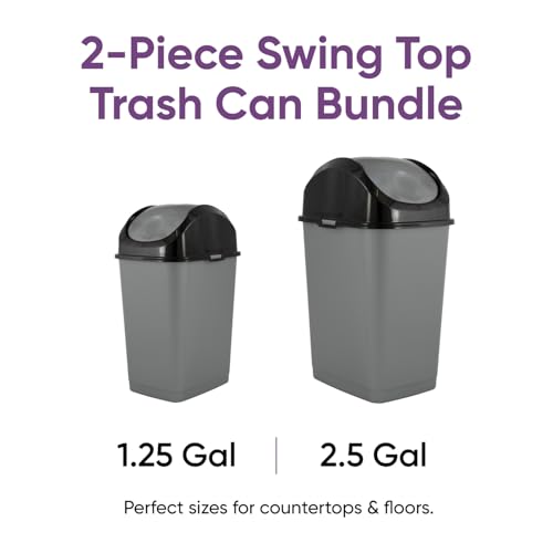 Superio Mini 1.25 Gallon and Small 2.5 Gallon Plastic Trash Cans with Swing Top Lid, Grey Waste Bin for Countertop, Desk, Vanity, Bathroom, 2 Pack (Grey/Black) - size: 1.25 and 2.5 Gallon