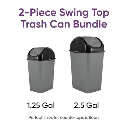 Superio Mini 1.25 Gallon and Small 2.5 Gallon Plastic Trash Cans with Swing Top Lid, Grey Waste Bin for Countertop, Desk, Vanity, Bathroom, 2 Pack (Grey/Black) - size: 1.25 and 2.5 Gallon