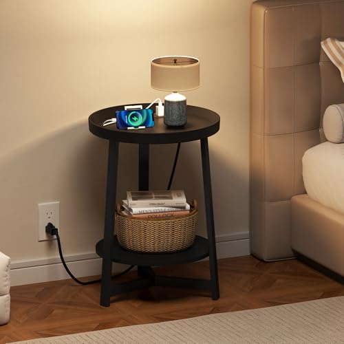 Round Industrial Side Table with Charging Station,2-Tier Round End Table with USB Port & Power Outlet, Nightstand with Metal Frame for Small Spaces, Living Room, Bedroom, Black - color: Black, style: With Charging Station
