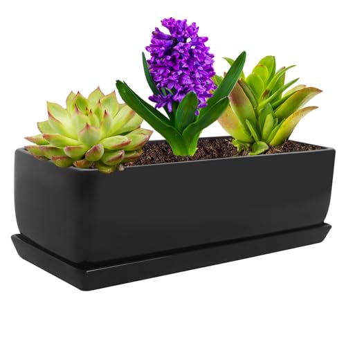 Vencer 14 Inch Rectangular Modern Minimalist Ceramic Succulent Planter Pot - Window Box with Saucer,Office Desktop Potted Stand,Black,VF-0175B | Modern Minimalist, Window Box with Saucer, Office Desktop Potted Stand, VF-0175B - color: Black, size: 14 Inch