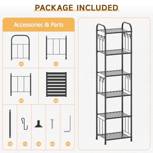 PouHenier.jh 6 Tier Tall Metal Narrow Skinny Shelf Free Standing for Bathroom, Thin Shelving Unit for Pantry or Kitchen, Slim Open Tower Rack with 10 Hooks, Space Saving and No Tools Assembly (Black)