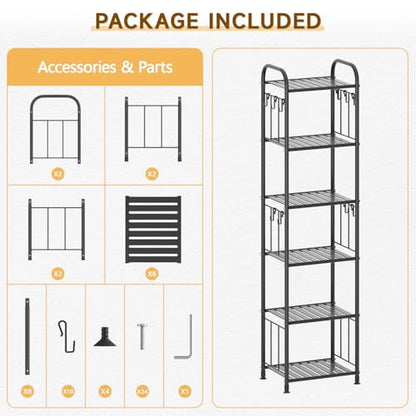 PouHenier.jh 6 Tier Tall Metal Narrow Skinny Shelf Free Standing for Bathroom, Thin Shelving Unit for Pantry or Kitchen, Slim Open Tower Rack with 10 Hooks, Space Saving and No Tools Assembly (Black)
