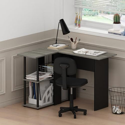 Furinno Abbott L-Shape Computer Desk with Bookshelf, French Oak Grey/Black - color: French Oak Grey/Black, style: Plastic Poles