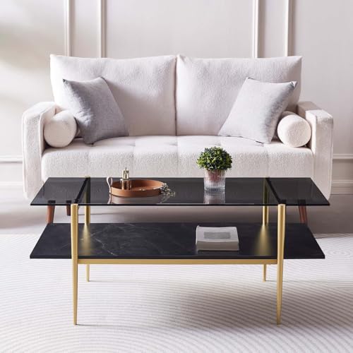 LumFurn Rectangle Coffee Table for Living Room, Mid-Century Modern Design, L41 x W21 x H17, 2-Tier Structure, Clear Glass Top and Black Marble Wood Shelf, Conical Metal Legs with Gold Finish - color: Grey & Black Marble, size: L41" Rectangle Coffee Table