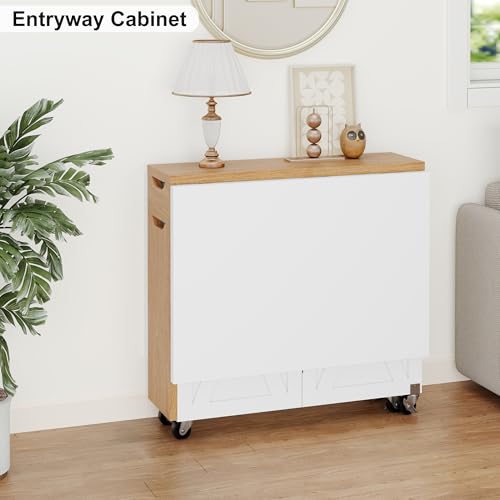 Folding Dining Table with 6 Wheels, Drop Leaf Tables for Small Spaces, Foldable Dining Table with 2-Layer Storage Rack, Kitchen Table with Drawer (White and Oak) - color: White