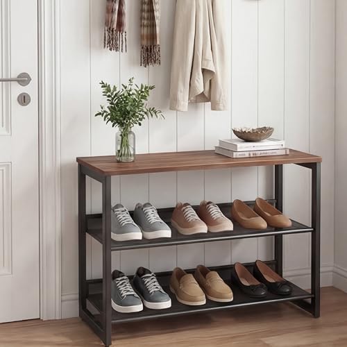 Garden 4 you Shoe Rack for Entryway 3 Tiers 11.8" D x 25" W x 20" H, Metal Shoe Rocks with Brown Wooden Tabletop, Angled Shoes Rack with Adjustable Mesh Shelves for Entryway Hallway Closet - color: Rustic Brown, size: 3-Tiers