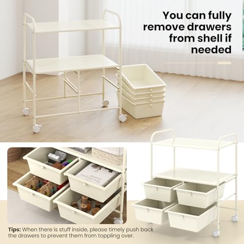 RELAX4LIFE Rolling Storage Cart with 4 Drawers - Utility Cart on Wheels w/2 Shelves & Metal Frame, Paper Scrapbook File Organizer for Home Office School Classroom, Movable Art Craft Cart (White) - color: White