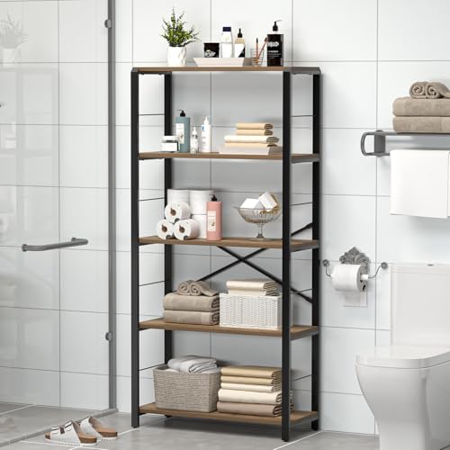 FOLUBAN 5 Tier Tall Bookshelf, Industrial Bookshelves and Bookcases, Modern Rustic Wood and Metal Book Shelf for Bedroom, Living Room and Home Office, Oak - color: Oak, size: 5-Tier
