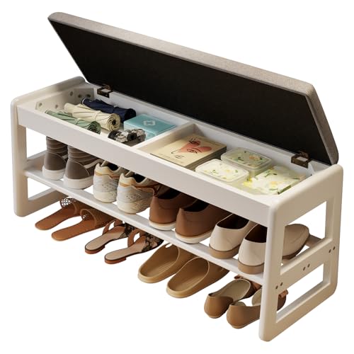 AQIMUELE Shoe Rack Bench,2 Tiers Shoe Bench with Storage with Flip-Top,Wood Shoe Rack for Entryway,Hallway（White Upholstered Seat,11.8" D x 39.3" W x 15.7" H） - color: White Upholstered Seat, size: 11.8"D x 39.3"W x 15.7"H