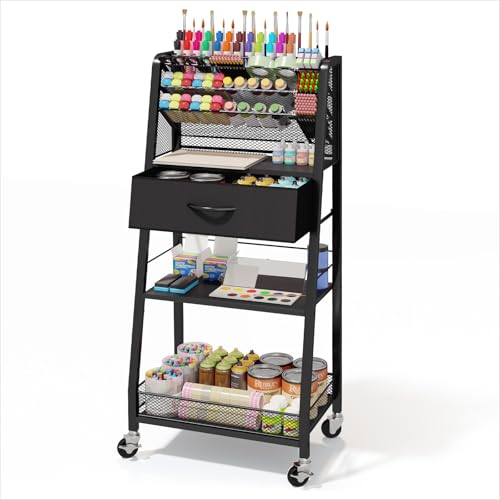 3 Tier Rolling Cart - Metal Utility Cart with Storage Drawer and Wheels, Versatile Art & Craft Organizer for Home, Office, or Studio - Ideal for Storing Brushes, Paints, and Supplies（Black） - color: Black
