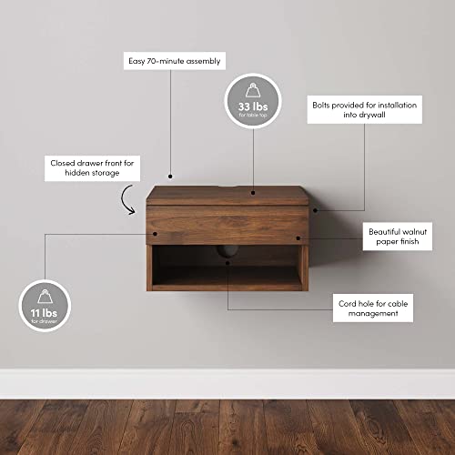 Nathan James Jackson Wall Mounted Floating Bedroom Nightstand with Storage Drawer and Modern Open Shelf Cubby, Dark Brown Walnut - color: Brown Walnut, size: 1