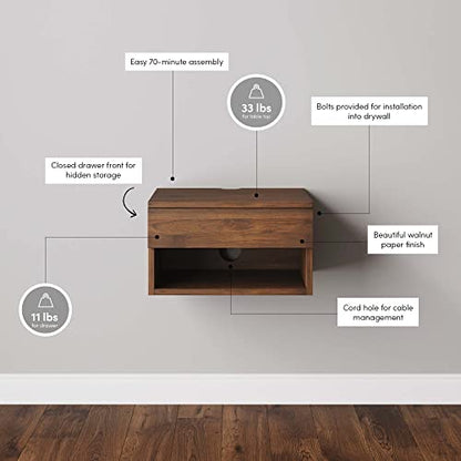 Nathan James Jackson Wall Mounted Floating Bedroom Nightstand with Storage Drawer and Modern Open Shelf Cubby, Dark Brown Walnut - color: Brown Walnut, size: 1