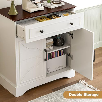 LCRBOL Sideboard with Drawer & Doors, Modern, Walnut Top & White | 30"W x 15.2"D x 32.2"H, 100 lbs top / 30 lbs shelf, 1 drawer & 2-door cabinet, adjustable shelf, soft-close hinges - color: White
