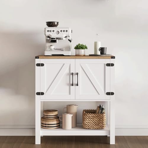 Cheersstar Farmhouse Console Table with 2 Storage Cabinets, Coffee Bar, Entryway Table with with Storage Shelf, Farmhouse Buffet Sideboard for Kitchen, Hallway, Entry Way, Living Room, White