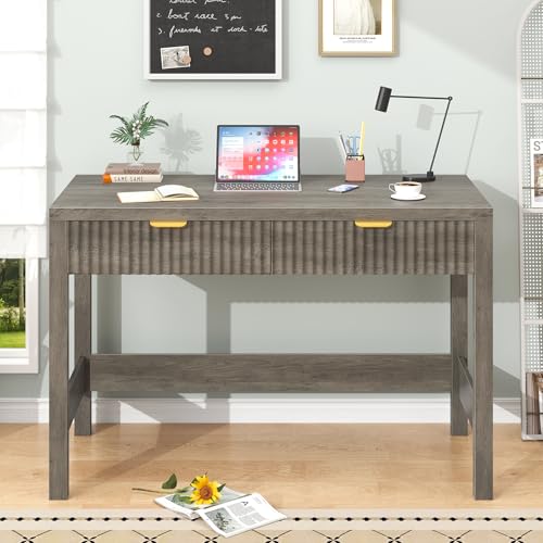39 Inch Small Fluted Computer Desk with 2 Drawers for Bedroom, Home Office | Small Computer Desk with Storage, Compact Writing Study Desk for Small Spaces, Grey - color: Grey, size: 39-Inch Desk