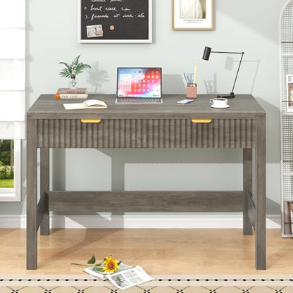 YOMILUVE Fluted Computer Desk with 2 Drawers, 39 Inch Small Computer Desk with Storage, Compact Writing Study Desk for Small Spaces, Gray - color: Grey
