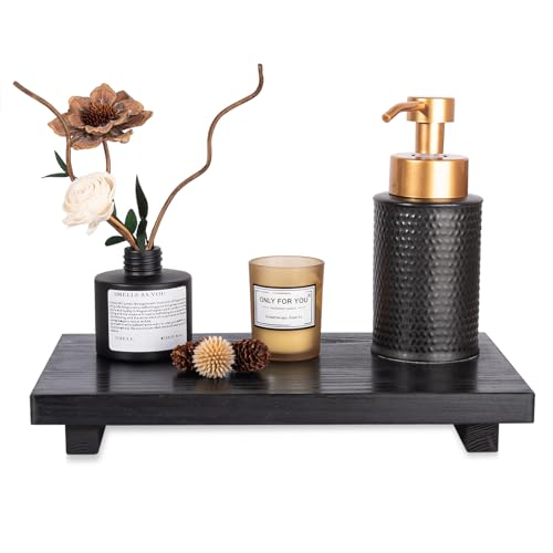 Bathroom Counter Organizer Wood Pedestal Stand Farmhouse Decorative Tray Soap Holder for Kitchen Decor, Large 11.8" x 7" - Black - color: Black, size: 11.8" x 7" x 1.6"