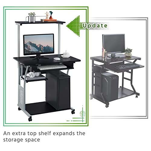 Topeakmart Compact Rolling Computer Cart with Keyboard Tray & Shelf, Black | Space-saving footprint, printer shelf, keyboard tray, smooth-rolling wheels, lightweight steel frame, for dorm, bedroom. - color: Black