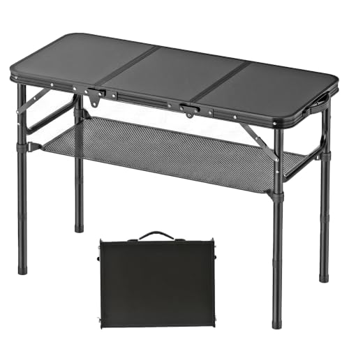 YihuiKo Folding Picnic Table with Storage Net, Foldable Camping Table | Adjustable Height, Lightweight Portable Folding Table, For Camping/Travel, Aluminum Alloy Frame, Carry Handle, Matte Black - color: Matte Black, size: 35"L x 16"W x 27"H