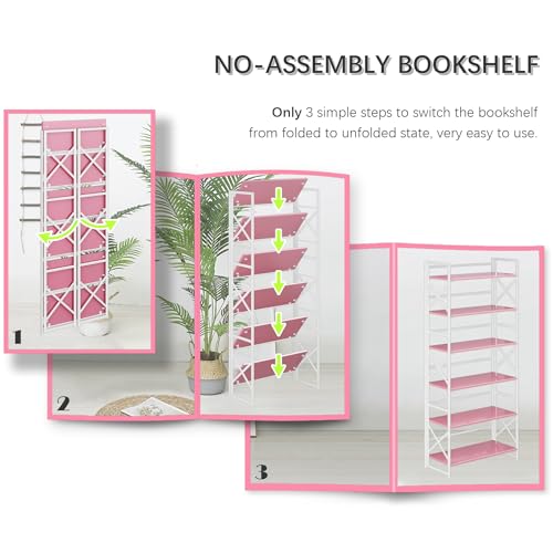 4NM 6 Tiers No Assembly Book Shelves, 61.8" H Folding Bookshelf Bookcase Open Industrial Foldable Shelves for Bedroom, Living Room, Home Office - Pink White - color: Pink White, size: XX 6-Tier