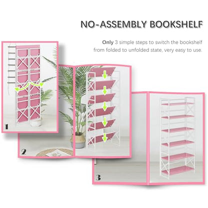 4NM 6 Tiers No Assembly Book Shelves, 61.8" H Folding Bookshelf Bookcase Open Industrial Foldable Shelves for Bedroom, Living Room, Home Office - Pink White - color: Pink White, size: XX 6-Tier