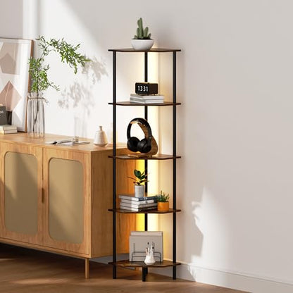 Corner Shelf Stand, Storage Standing Shelf Unit with Metal Frame, Narrow Bookshelf with LED Light Brown Plant Display Stand, Multi Unit Organizer Corner Cabinet for Bedroom, Living Room (5 Tier)