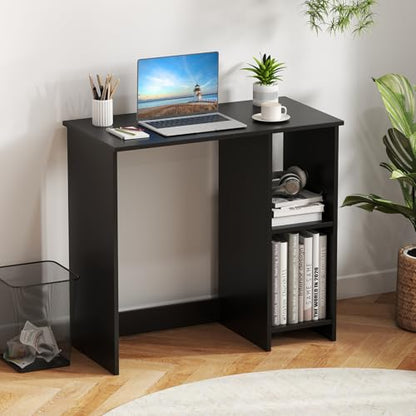 Giantex Small Desk with Storage, 31.5 Inch Home Office Computer Desk with Shelves, Space Saving Study Writing Desk, Modern Simple Laptop Desk for Small Spaces (Black) - color: Black