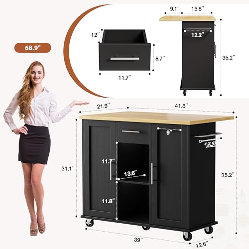 JY QAQA 42" Kitchen Island with Storage on Wheels, Rolling Table with Drop Leaf, Drawers, Cart Handle for Towel Rack or Free Movement, Black - color: Black