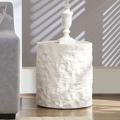 Round Side Table Faux Stone End Table for Living Room Modern Small Coffee Table for Small Space Apartment, No Assembly (Fiberglass-Travertine, 15.75'' x 17.72'') - color: Faux Travertine-15.74inch
