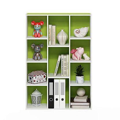 Furinno LUDER Book Shelf, 11-Cube Bookshelf, Reversible Bookcase, 9.4 x 29.1 x 41.7, Easy Assembly, for Living Room, Bedroom, Home Office, White/Green - color: White/Green, size: 11-Cube