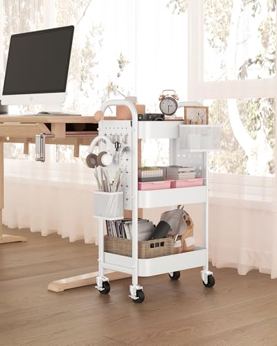 ALVOROG 3 Tier Rolling Cart with DIY Pegboards Metal Utility Cart with Wheels Handles Baskets Hooks, Storage Cart for Office Kitchen Bathroom(White) - color: White