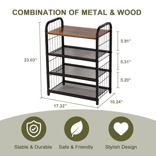 Small Shoe Rack for Entryway Closet, 4-Tier Narrow Shoe Shelf | Slim Vertical Shoe Storage Organizer with Guardrails, Metal Mesh Shelves, Wooden Top, Free Standing, for Front Door Entrance - size: 17.32" X 10.24" X 23.03"