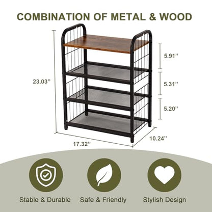 Small Shoe Rack for Entryway Closet, 4-Tier Narrow Shoe Shelf | Slim Vertical Shoe Storage Organizer with Guardrails, Metal Mesh Shelves, Wooden Top, Free Standing, for Front Door Entrance - size: 17.32" X 10.24" X 23.03"