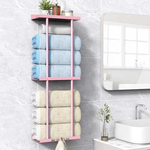 Towel Rack for Bathroom, Wall Mounted Vertical Rolled Towel Storage Organizer Holder with Shelf, Holds Up 6 Large Bath Sheets, Pink Large Size - color: Pink, size: Larger Size