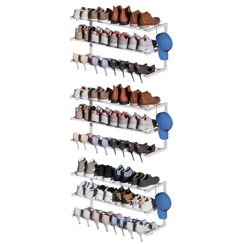 3 Pack Wall Mounted Shoe Rack, 3 Tier Hanging Shoe Rack Holds 36 Pairs, 17"-30"Adjustable Heavy Duty Metal Shoe Organizer Holder with 6 Storage Hooks, Space Saving for Closet Entryway Doorway（White) - color: White, size: 3 Pack