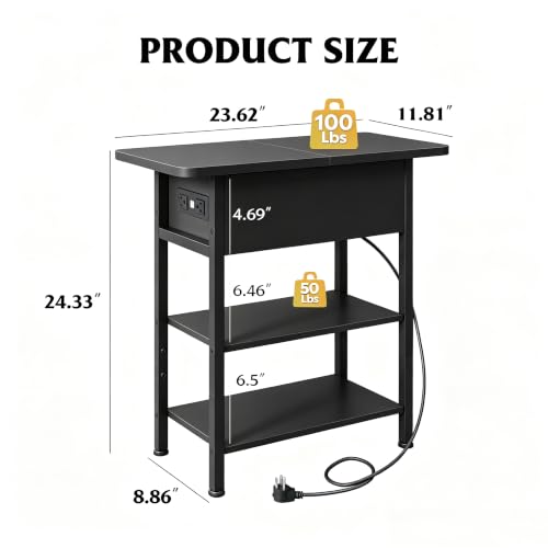 WLIVE 3-Tier End Table with Charging Station, Flip Top Narrow Side Table with Storage Shelf, Small Nightstand with USB Ports and Outlets,Bedside Table for Living Room, Bedroom - color: Black