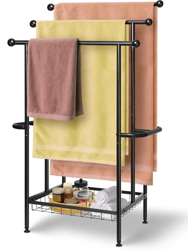 Freestanding Towel Rack for Bathroom, Pool & Outdoor, 3-Tier 39" Metal | Rust-resistant metal towel drying rack with storage basket, designed for oversized towels 24.4" L x 13" W x 39" H - size: 24.4"L x 13"W x 39"H