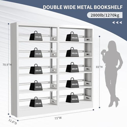 70.9" H Metal Bookshelf, Adjustable Bookcase, 5-Tier Heavy Duty Bookshelf with Bookend, Tall Bookshelves, Bookcase Shelf for Living Room, Office, Library,Classroom (White-72.8W) - color: White, size: 72.8" Wide